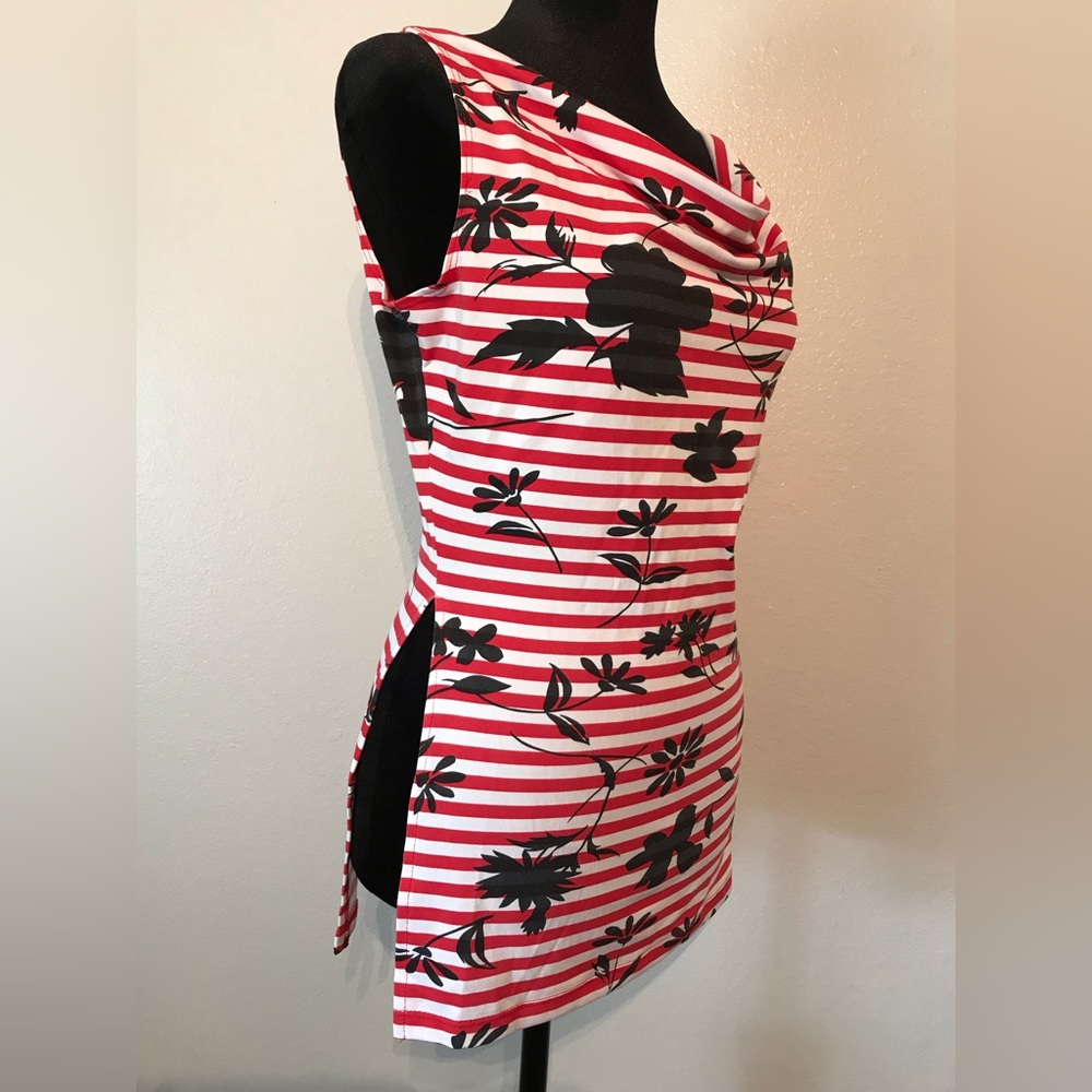 Sassy Drape Neck Tank Top Size M Red White & Black Side Slits Stretchy